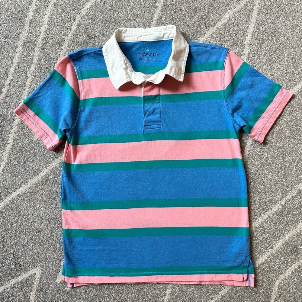 Crewcuts Pink and Blue Striped Short Sleeve Polo Shirt Boys L (10-11)